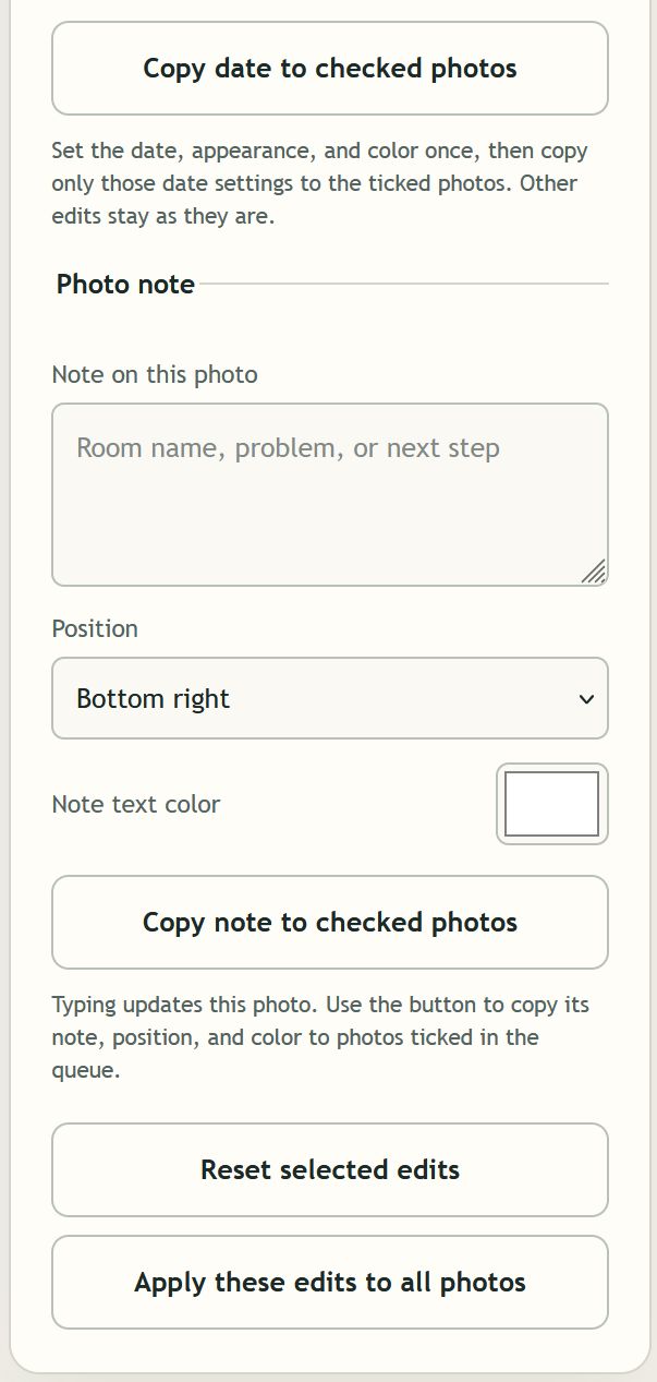 Close-up of photo-note entry, note position and color, copy-to-checked controls, and apply-edits-to-all button
