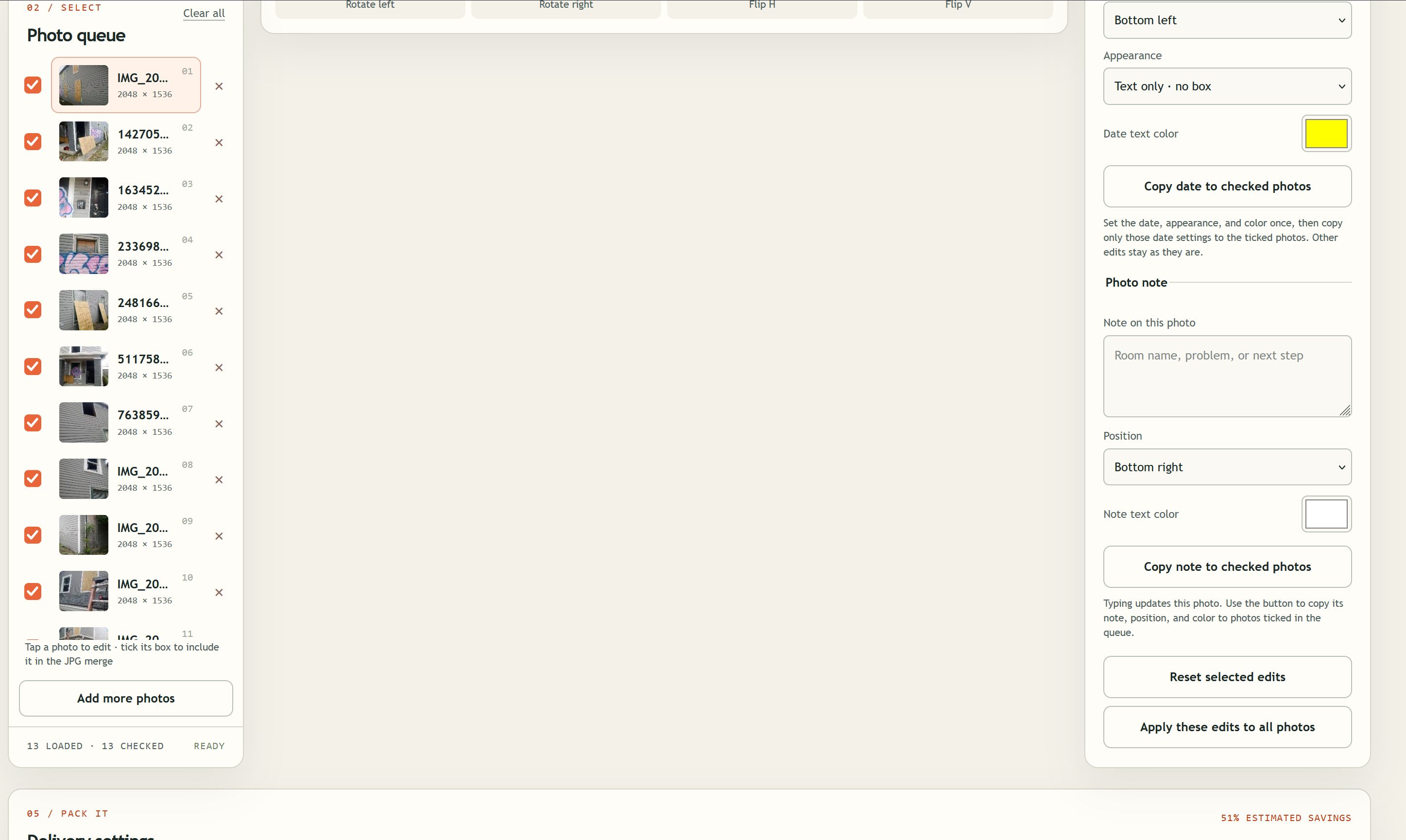 Photo queue with checked jobsite images and the date and photo-note controls